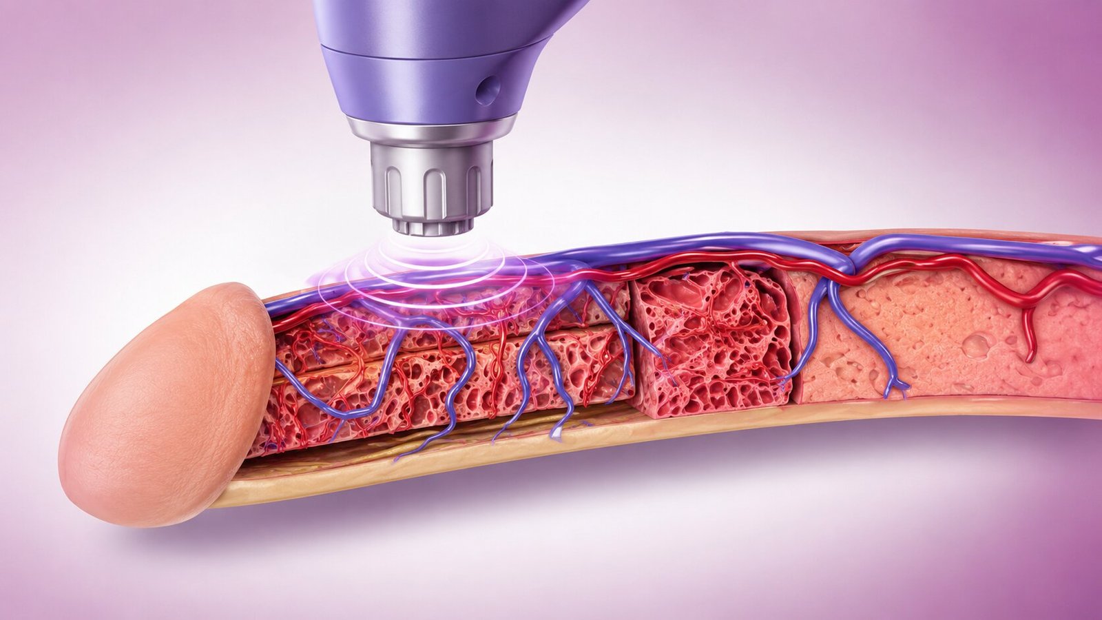 Conceptual medical illustration of abstract acoustic waves targeting a glowing stylized male silhouette, representing shockwave therapy in Aventura