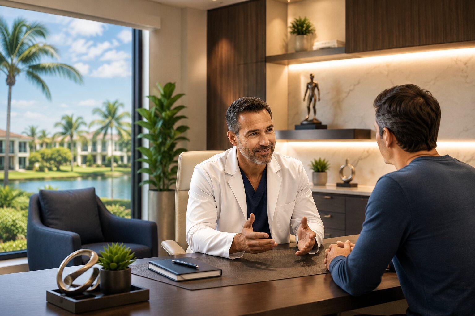 Conceptual medical illustration of a glowing stylized male silhouette standing confidently, representing restored men's sexual health and wellness near Pembroke Pines