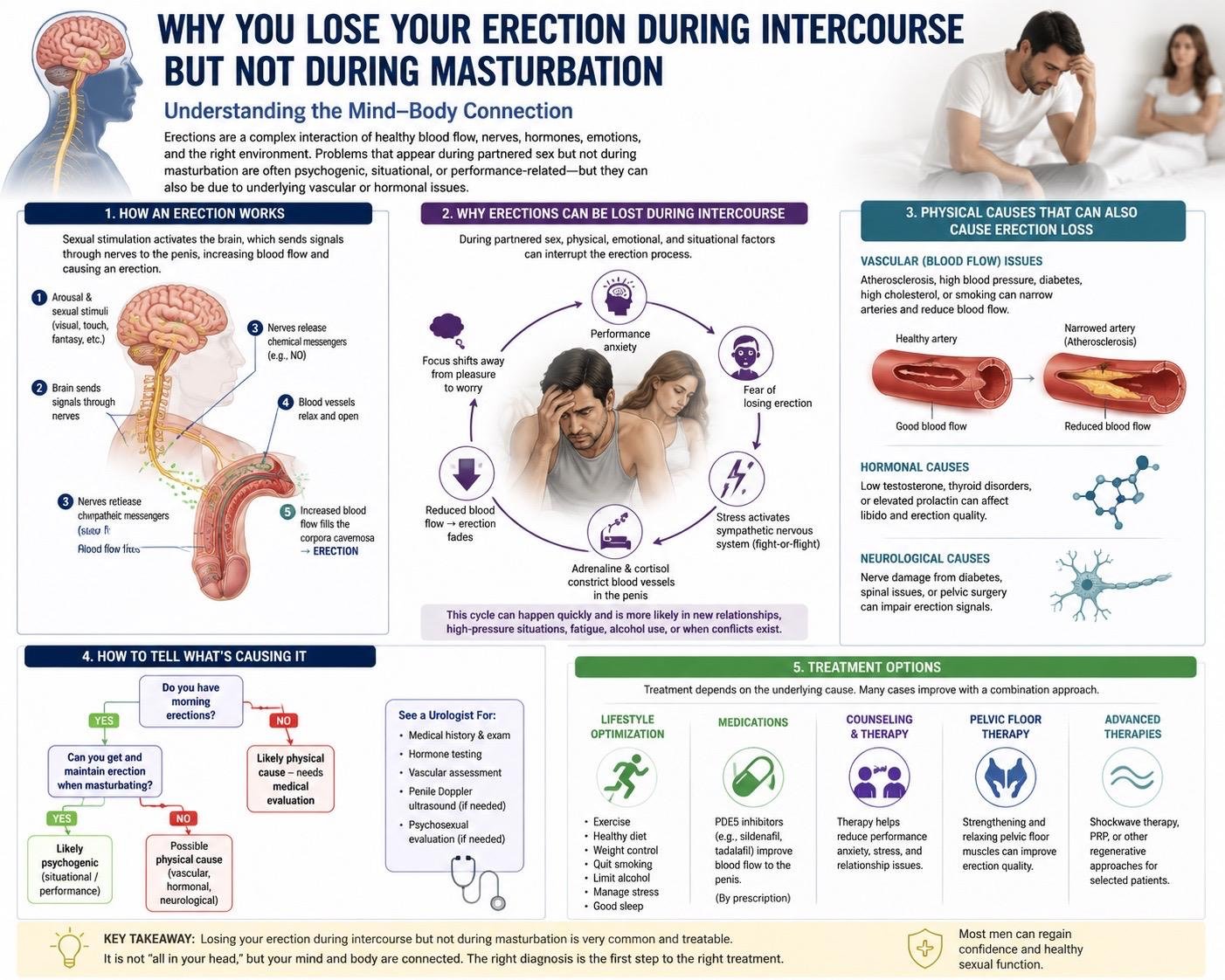 Medical conceptual illustration showing the mind-body connection in men's sexual health