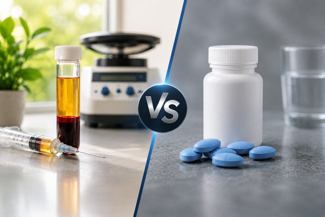 Doctor comparing P-Shot and Viagra treatment options in consultation room